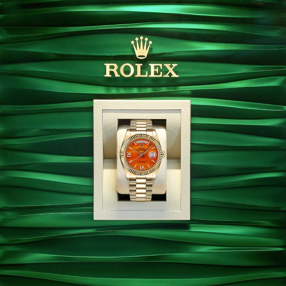 Rolex Day Date 36mm - Ref: 128238 - Carnelian Orange Roman Diamond Dial & Fluted Bezel, 18K Yellow Gold President Bracelet Watch