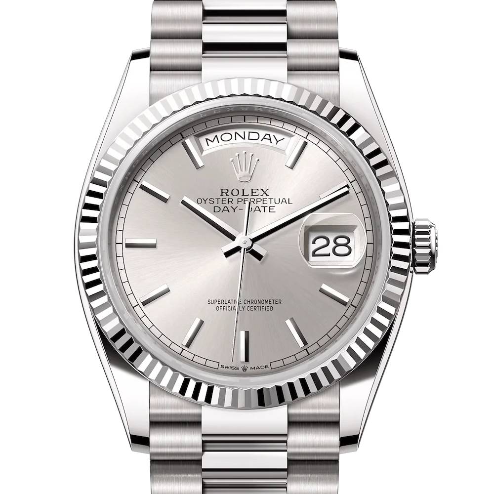 Rolex Day Date 36mm - Ref: 128239-0005 - Silver Stick Dial, 18K White Gold President Bracelet Watch