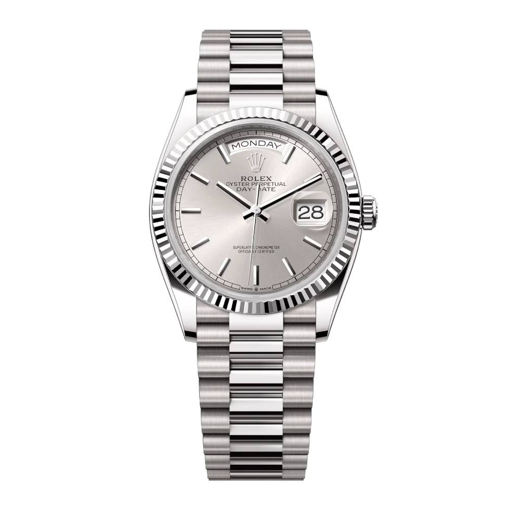 Rolex Day Date 36mm - Ref: 128239-0005 - Silver Stick Dial, 18K White Gold President Bracelet Watch