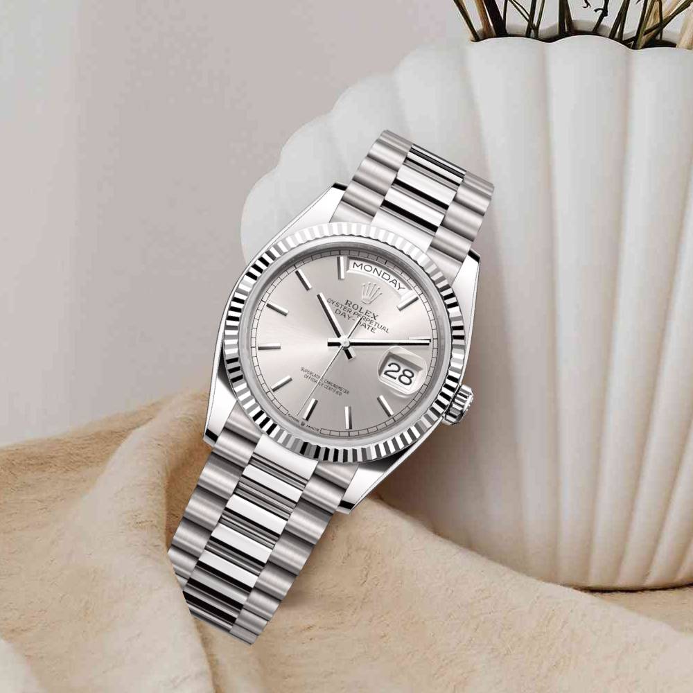 Rolex Day Date 36mm - Ref: 128239-0005 - Silver Stick Dial, 18K White Gold President Bracelet Watch