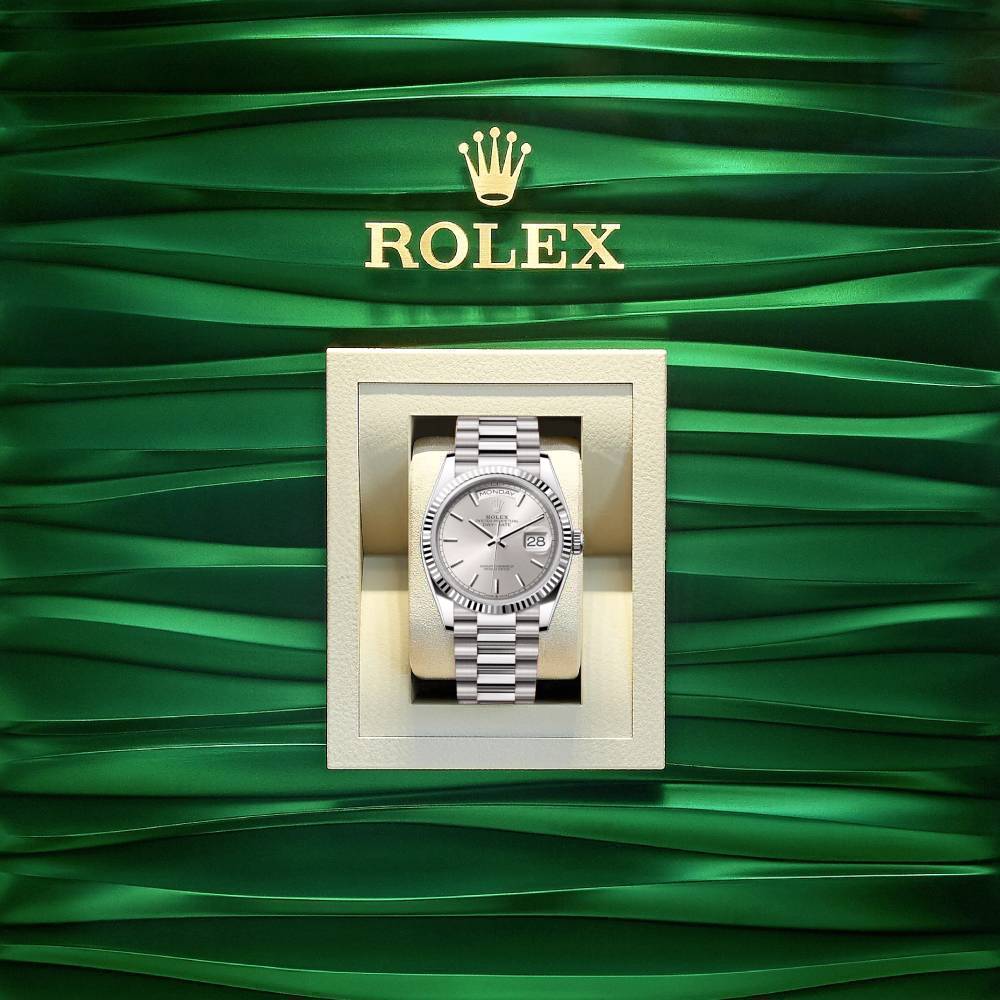 Rolex Day Date 36mm - Ref: 128239-0005 - Silver Stick Dial, 18K White Gold President Bracelet Watch