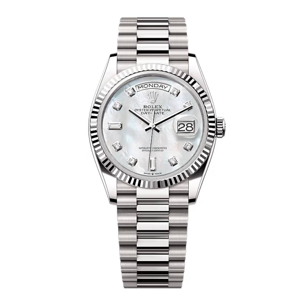 Rolex Day Date 36mm - Ref: 128239-0007 - White Mother of Pearl Diamond Dial & Fluted Bezel, 18K White Gold President Bracelet Watch