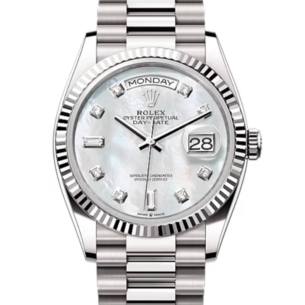 Rolex Day Date 36mm - Ref: 128239-0007 - White Mother of Pearl Diamond Dial & Fluted Bezel, 18K White Gold President Bracelet Watch