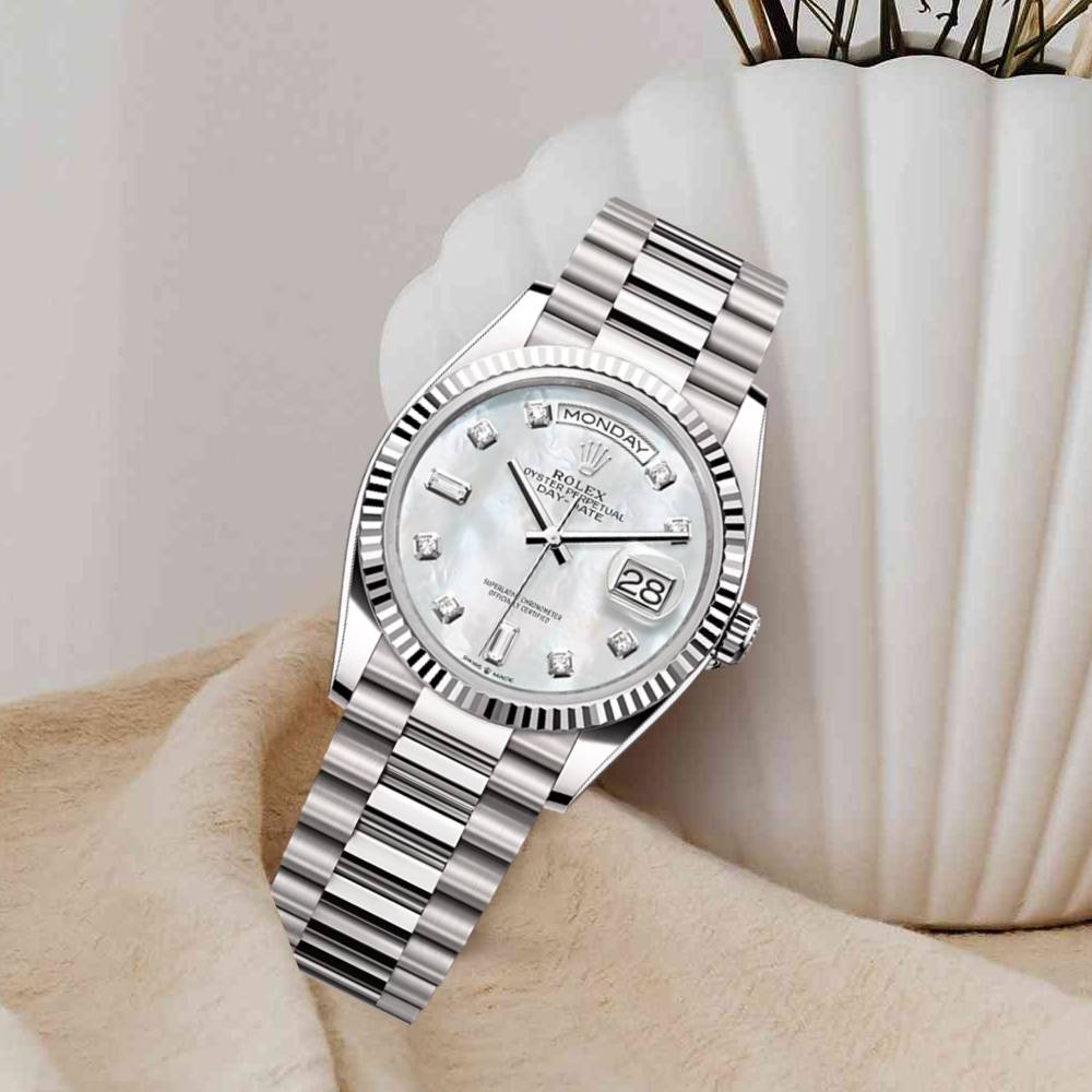 Rolex Day Date 36mm - Ref: 128239-0007 - White Mother of Pearl Diamond Dial & Fluted Bezel, 18K White Gold President Bracelet Watch