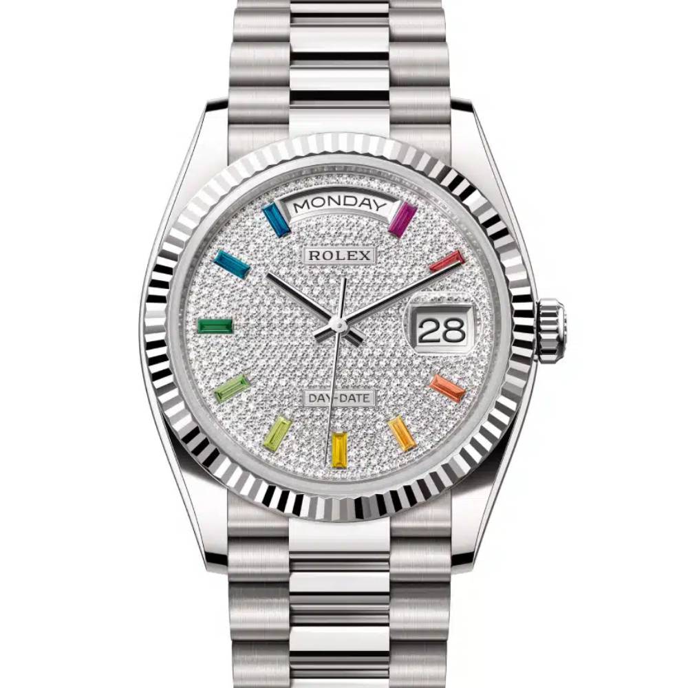 Rolex Day Date 36mm - Ref: 128239-0019 - Pave Rainbow Diamond Dial & Fluted Bezel, 18K White Gold President Bracelet Watch