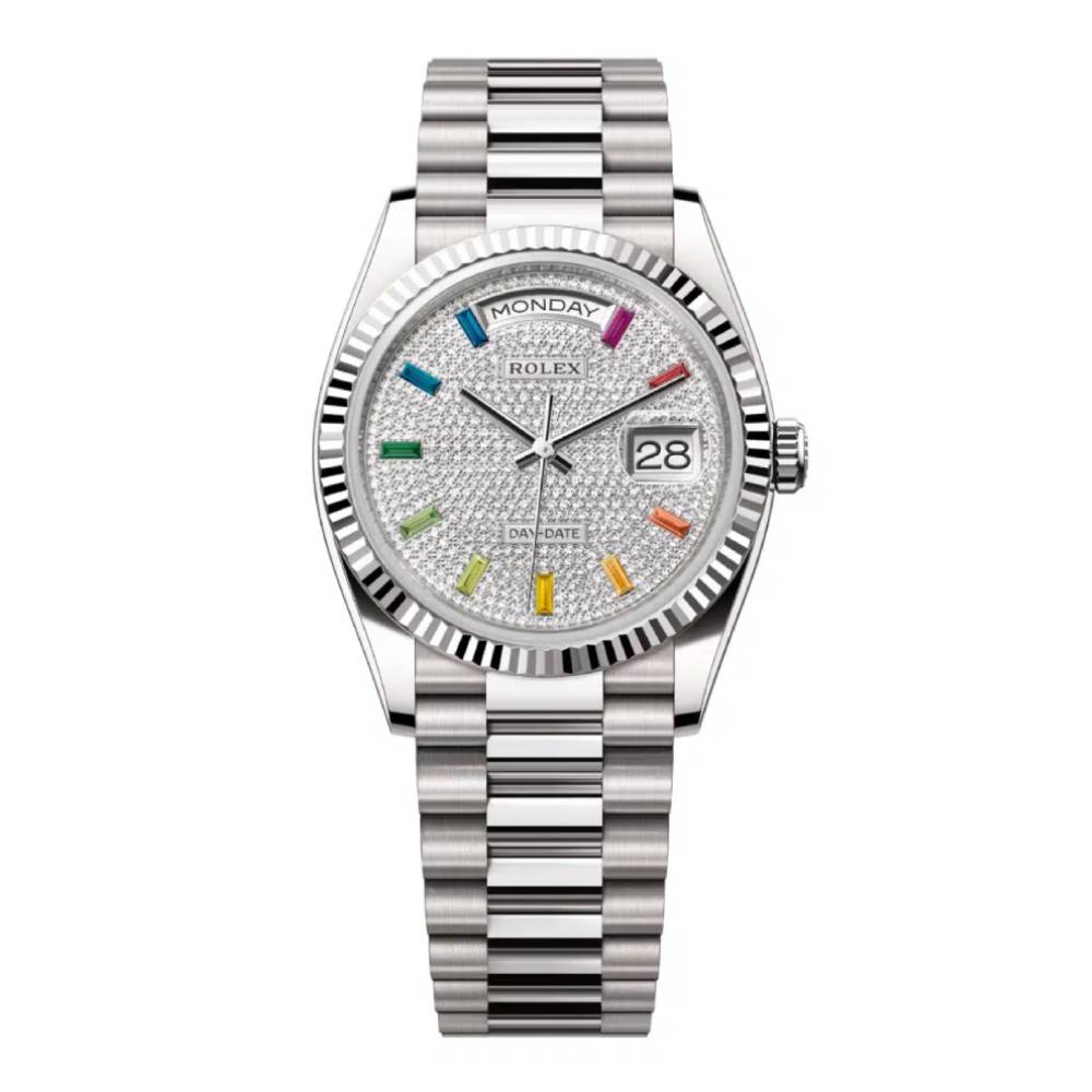 Rolex Day Date 36mm - Ref: 128239-0019 - Pave Rainbow Diamond Dial & Fluted Bezel, 18K White Gold President Bracelet Watch