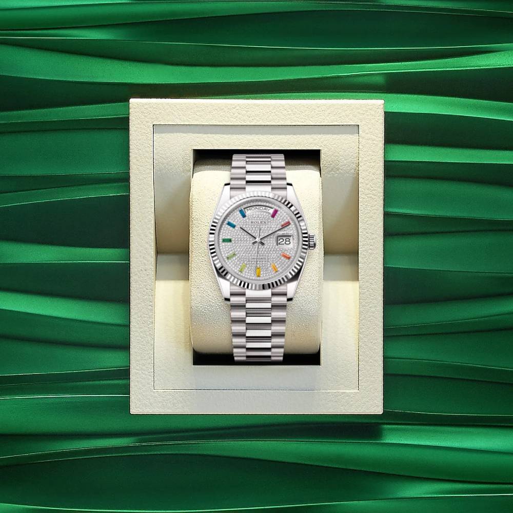 Rolex Day Date 36mm - Ref: 128239-0019 - Pave Rainbow Diamond Dial & Fluted Bezel, 18K White Gold President Bracelet Watch