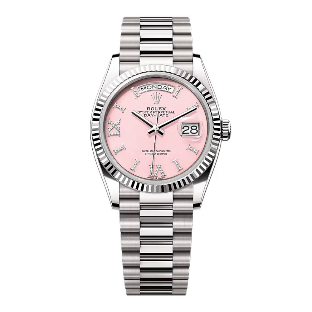 Rolex Day Date 36mm - Ref: 128239-0021 - Pink Opal Diamond Dial & Fluted Bezel, 18K White Gold President Bracelet Watch