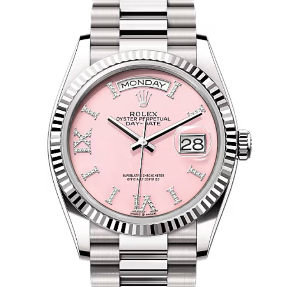 Rolex Day Date 36mm - Ref: 128239-0021 - Pink Opal Diamond Dial & Fluted Bezel, 18K White Gold President Bracelet Watch