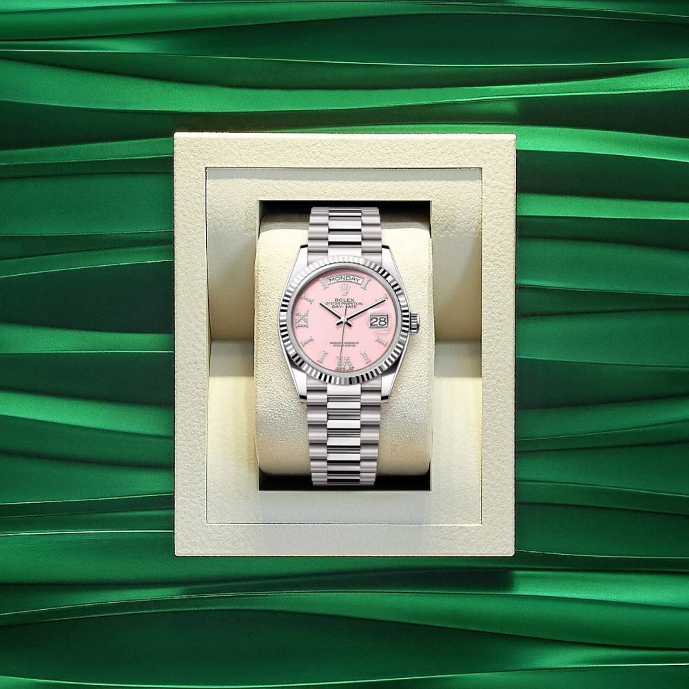 Rolex Day Date 36mm - Ref: 128239-0021 - Pink Opal Diamond Dial & Fluted Bezel, 18K White Gold President Bracelet Watch