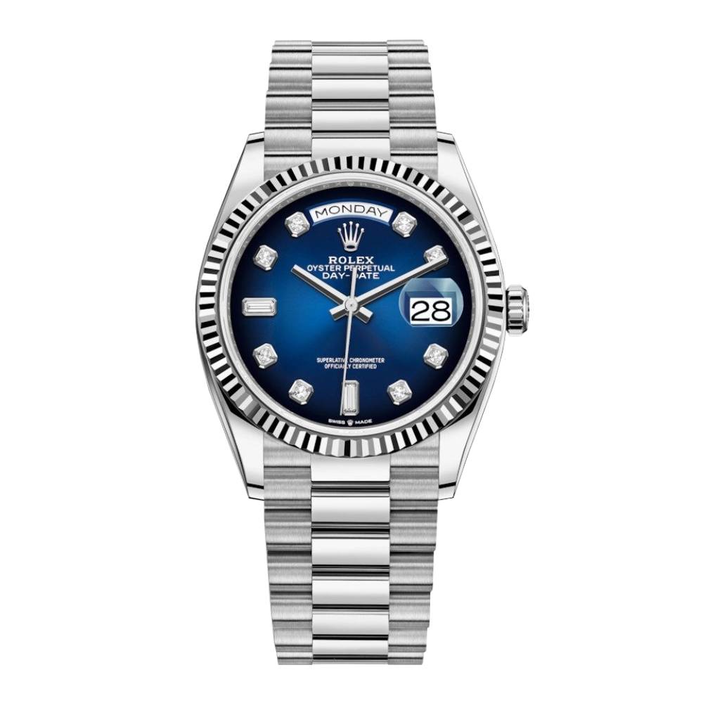 Rolex Day Date 36mm - Ref: 128239-0023 - Blue Ombre Diamond Dial & Fluted Bezel, 18K White Gold President Bracelet Watch