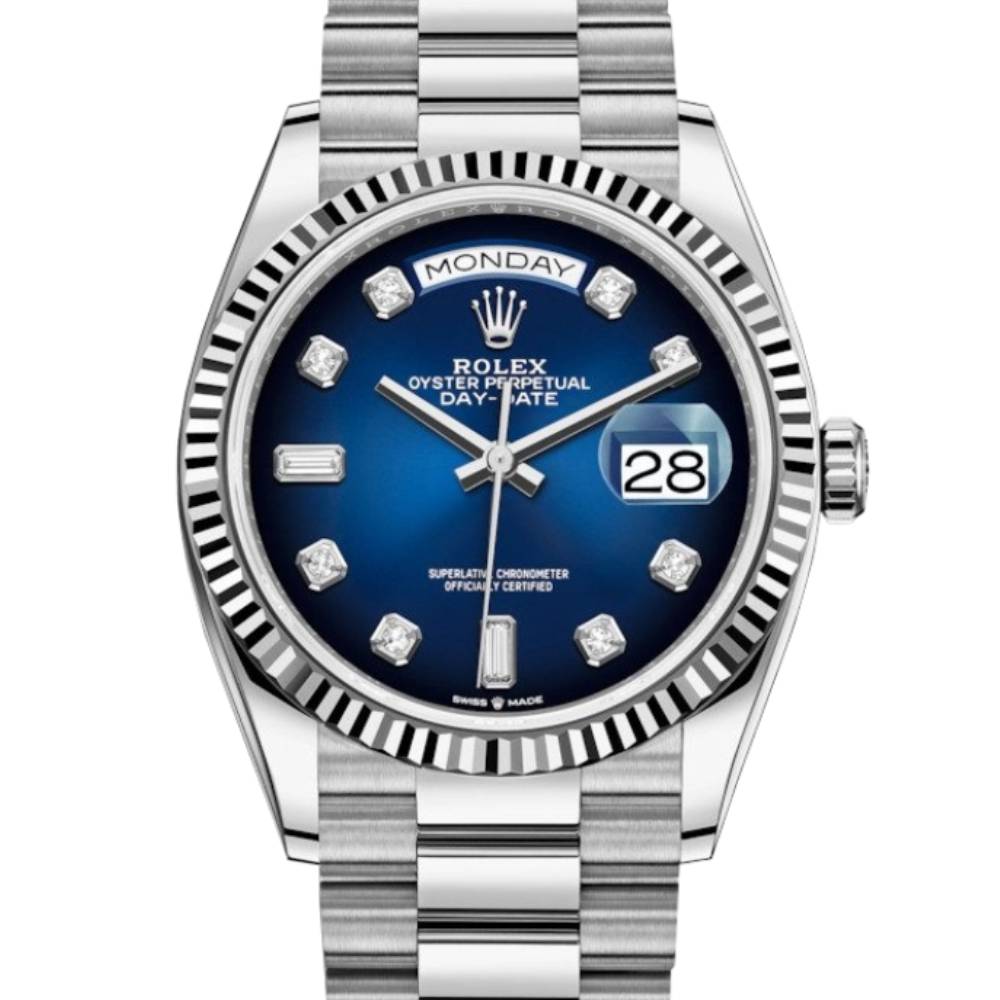 Rolex Day Date 36mm - Ref: 128239-0023 - Blue Ombre Diamond Dial & Fluted Bezel, 18K White Gold President Bracelet Watch