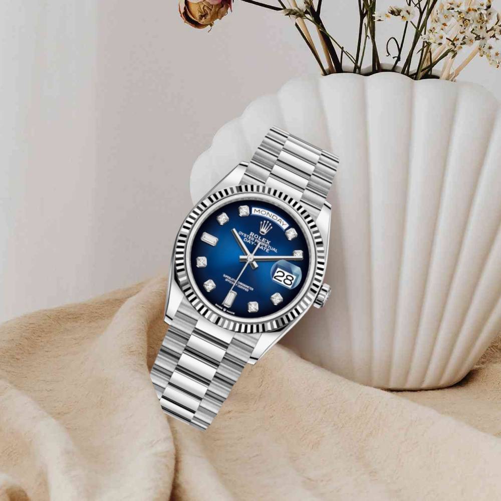 Rolex Day Date 36mm - Ref: 128239-0023 - Blue Ombre Diamond Dial & Fluted Bezel, 18K White Gold President Bracelet Watch