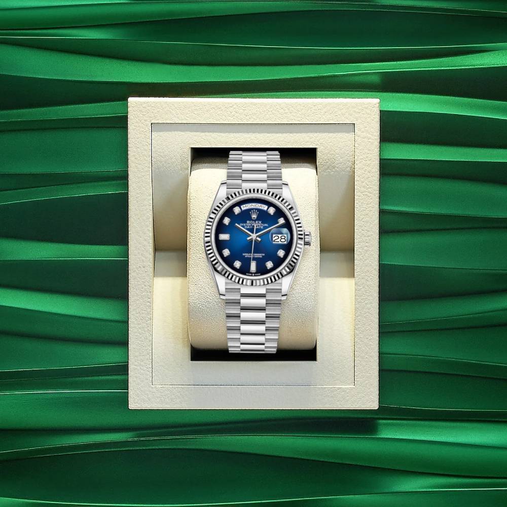 Rolex Day Date 36mm - Ref: 128239-0023 - Blue Ombre Diamond Dial & Fluted Bezel, 18K White Gold President Bracelet Watch