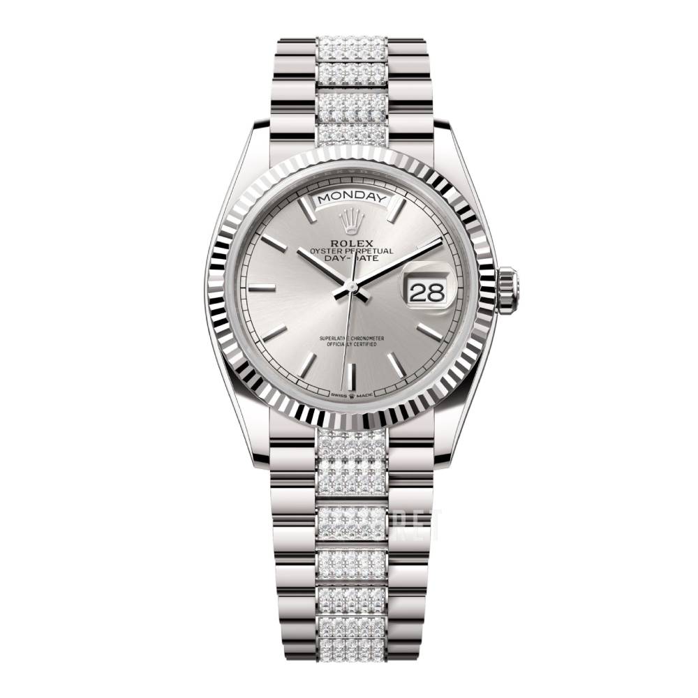 Rolex Day Date 36mm - Ref: 128239-0025 - Silver Stick Dial, 18K White Gold & Diamonds President Bracelet Watch