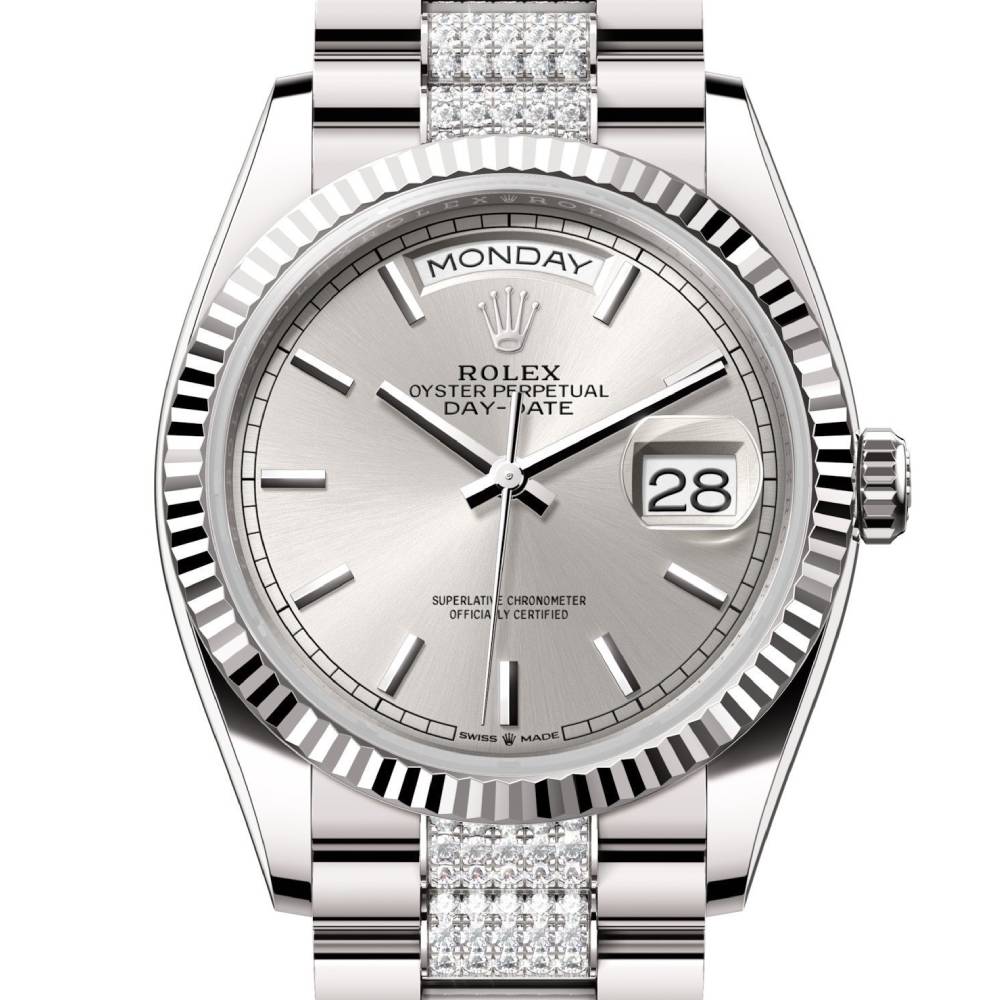 Rolex Day Date 36mm - Ref: 128239-0025 - Silver Stick Dial, 18K White Gold & Diamonds President Bracelet Watch