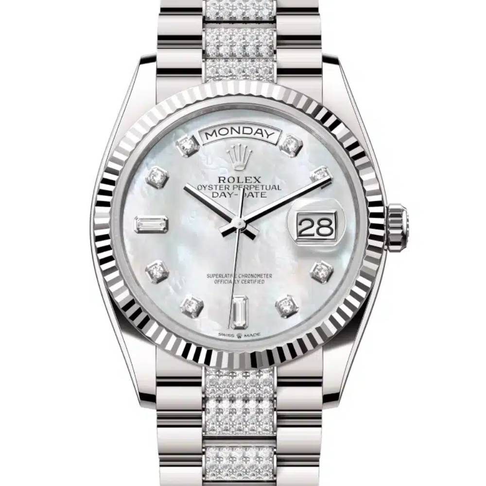 Rolex Day Date 36mm - Ref: 128239-0026 - White Mother of Pearl Diamond Dial & Fluted Bezel, 18K White Gold & Diamonds President Bracelet Watch