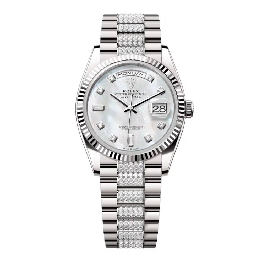 Rolex Day Date 36mm - Ref: 128239-0026 - White Mother of Pearl Diamond Dial & Fluted Bezel, 18K White Gold & Diamonds President Bracelet Watch