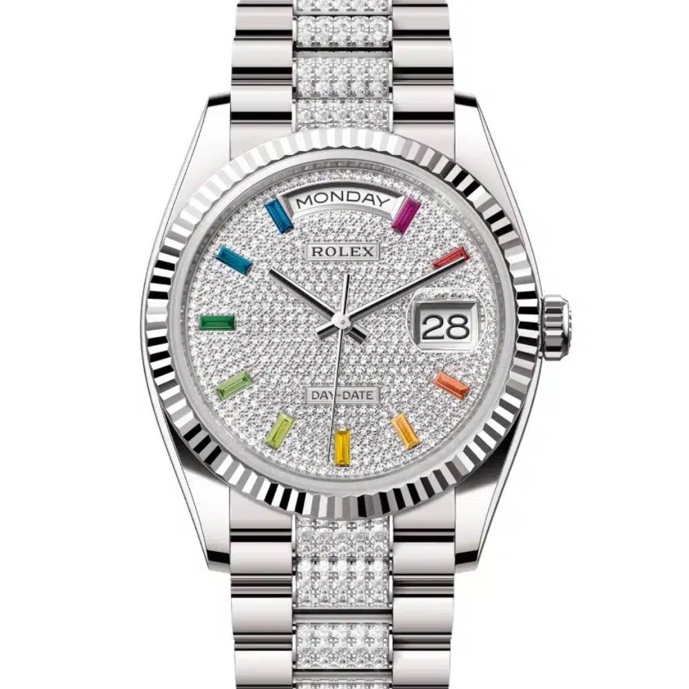 Rolex Day Date 36mm - Ref: 128239-0027 - Pave Rainbow Diamond Dial & Fluted Bezel, 18K White Gold & Diamonds President Bracelet Watch