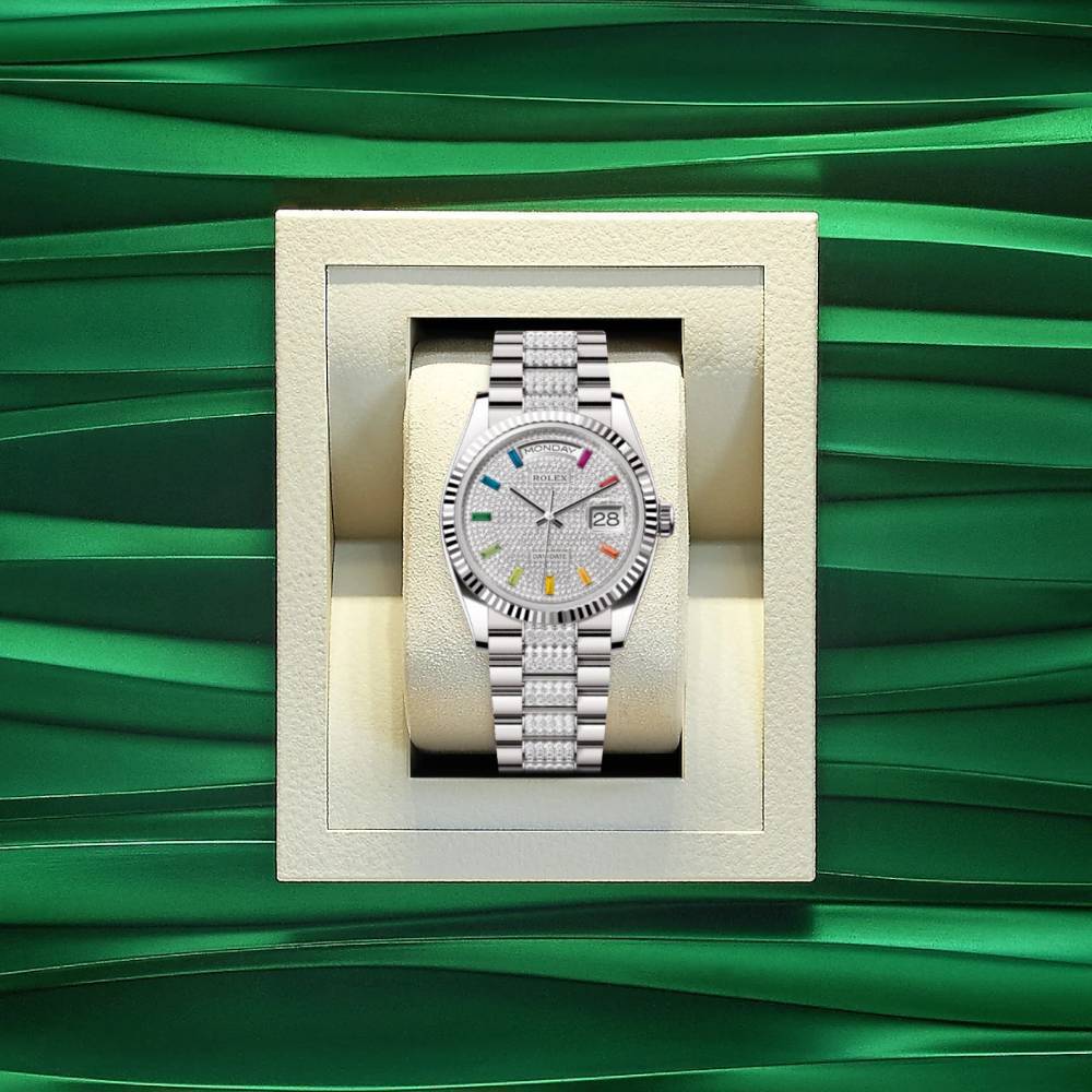 Rolex Day Date 36mm - Ref: 128239-0027 - Pave Rainbow Diamond Dial & Fluted Bezel, 18K White Gold & Diamonds President Bracelet Watch