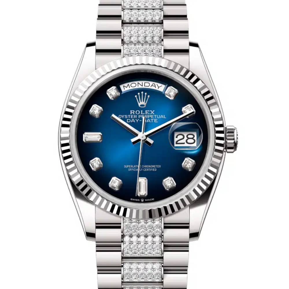 Rolex Day Date 36mm - Ref: 128239-0029 - Blue Ombre Diamond Dial & Fluted Bezel, 18K White Gold & Diamonds President Bracelet Watch