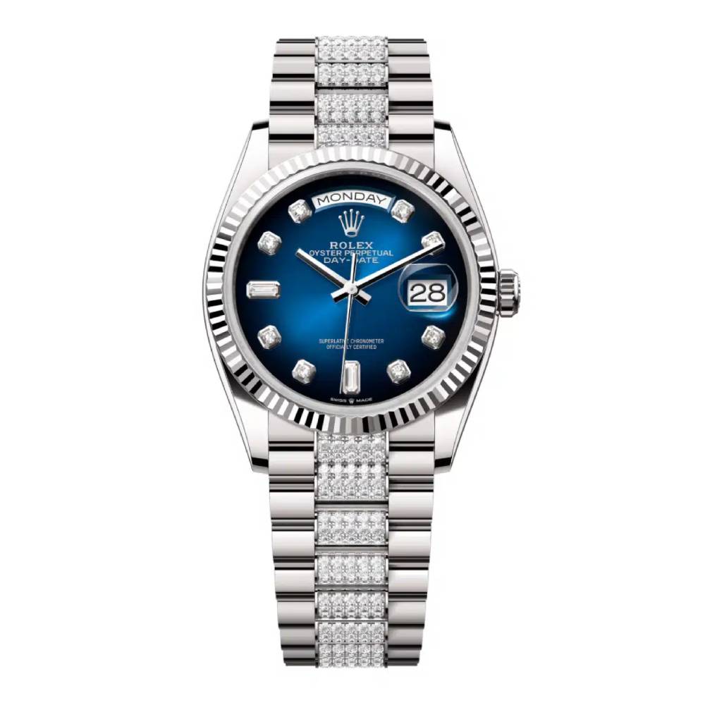 Rolex Day Date 36mm - Ref: 128239-0029 - Blue Ombre Diamond Dial & Fluted Bezel, 18K White Gold & Diamonds President Bracelet Watch