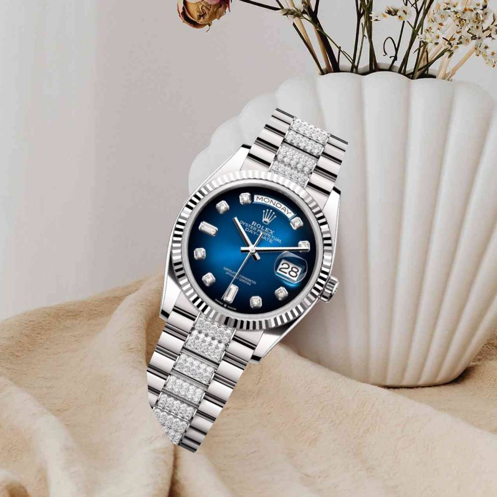 Rolex Day Date 36mm - Ref: 128239-0029 - Blue Ombre Diamond Dial & Fluted Bezel, 18K White Gold & Diamonds President Bracelet Watch