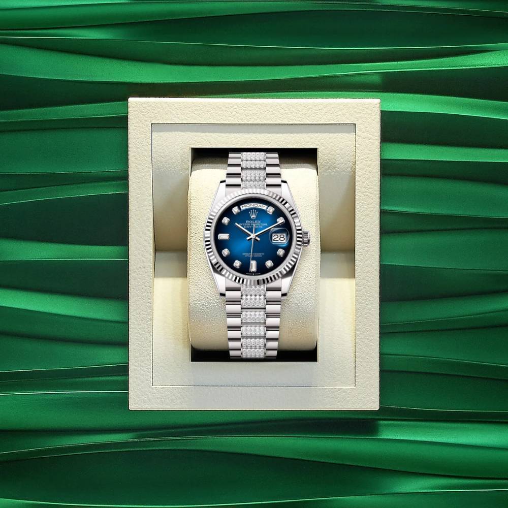 Rolex Day Date 36mm - Ref: 128239-0029 - Blue Ombre Diamond Dial & Fluted Bezel, 18K White Gold & Diamonds President Bracelet Watch