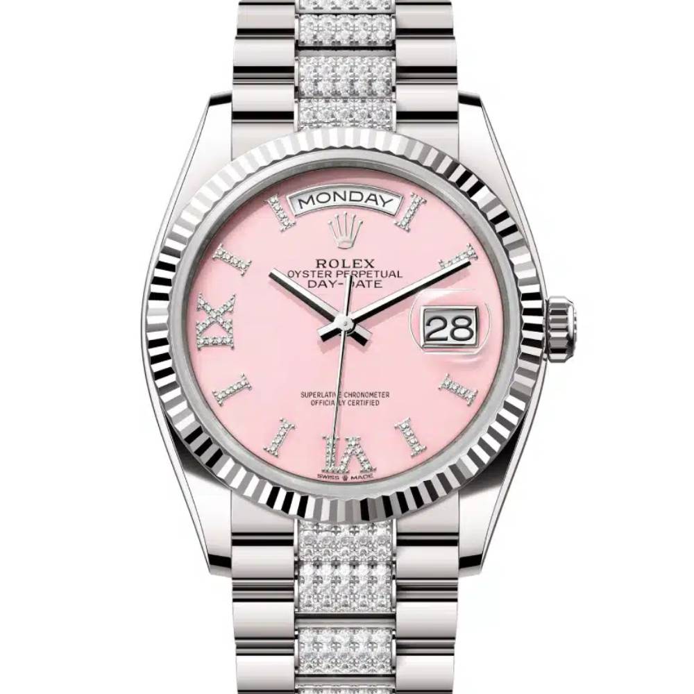 Rolex Day Date 36mm - Ref: 128239-0030 - Pink Opal Diamond Dial & Fluted Bezel, 18K White Gold & Diamonds President Bracelet Watch