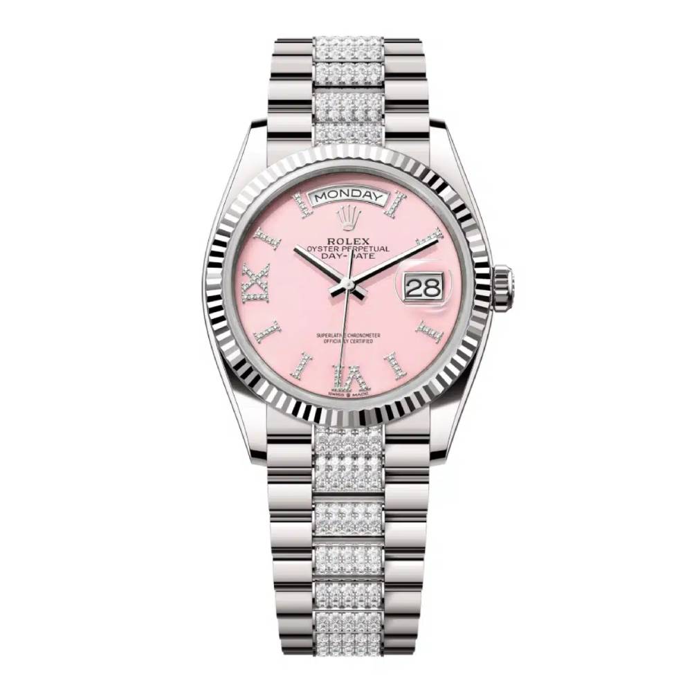 Rolex Day Date 36mm - Ref: 128239-0030 - Pink Opal Diamond Dial & Fluted Bezel, 18K White Gold & Diamonds President Bracelet Watch