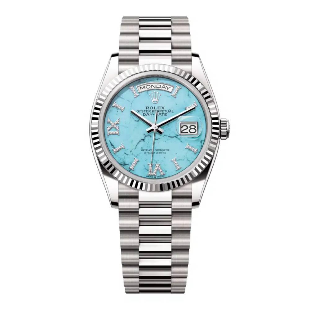 Rolex Day Date 36mm - Ref: 128239-0044 - Blue Turqouise Roman Dial & Fluted Bezel, 18K White Gold President Bracelet Watch