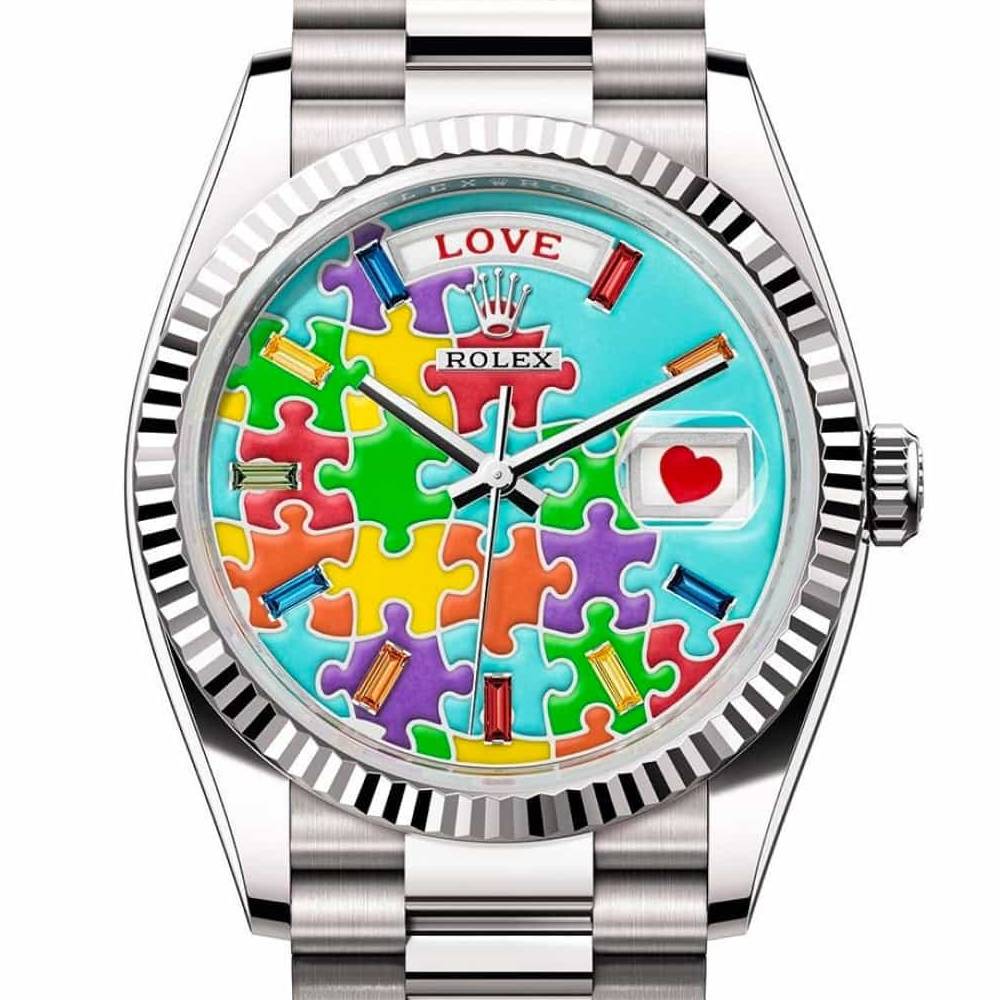 Rolex Day Date 36mm - Ref: 128239-0056 - Puzzle Emoji Jigsaw Motif Dial & Fluted Bezel, 18K White Gold President Bracelet Watch