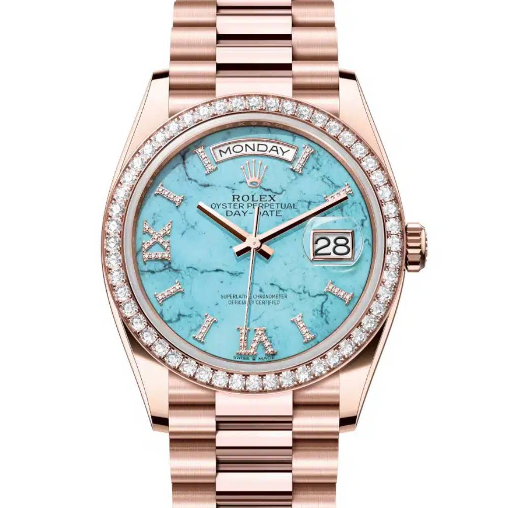 Rolex Day Date 36mm - Ref: 128345RBR - Blue Turquoise Diamond Dial & Diamond Bezel, 18K Rose Gold & Diamonds President Bracelet Watch