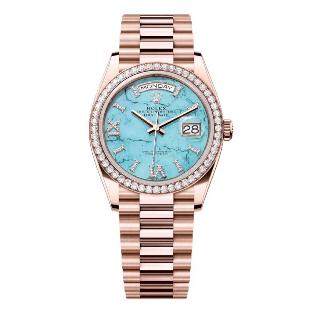 Rolex Day Date 36mm - Ref: 128345RBR - Blue Turquoise Diamond Dial & Diamond Bezel, 18K Rose Gold & Diamonds President Bracelet Watch