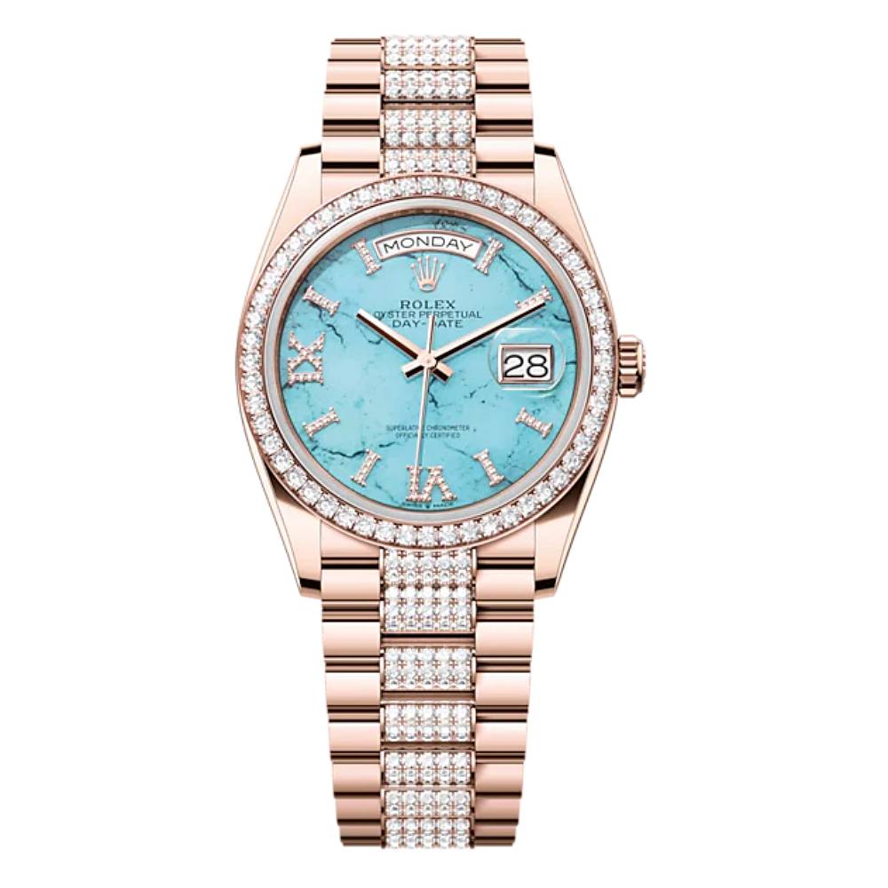 Rolex Day Date 36mm - Ref: 128345RBR - Blue Turquoise Diamond Dial & Diamond Bezel, 18K Rose Gold & Diamonds President Bracelet Watch