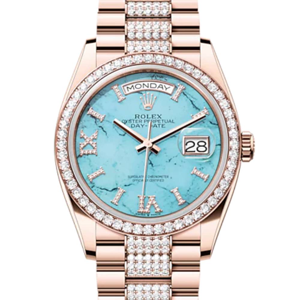 Rolex Day Date 36mm - Ref: 128345RBR - Blue Turquoise Diamond Dial & Diamond Bezel, 18K Rose Gold & Diamonds President Bracelet Watch