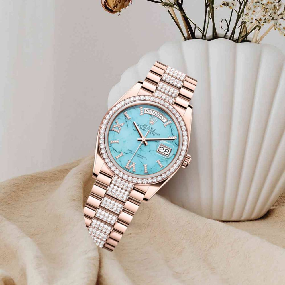 Rolex Day Date 36mm - Ref: 128345RBR - Blue Turquoise Diamond Dial & Diamond Bezel, 18K Rose Gold & Diamonds President Bracelet Watch