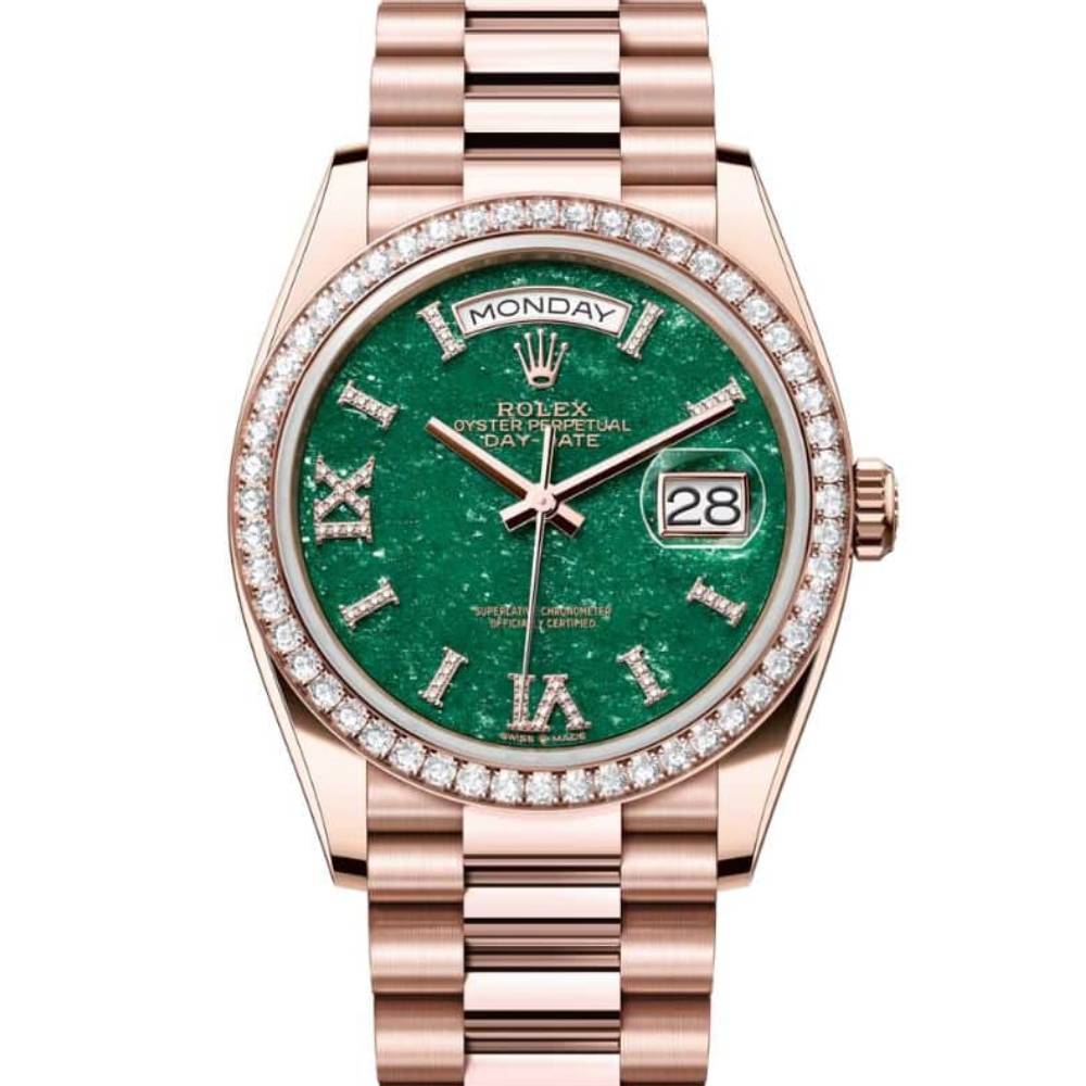 Rolex Day Date 36mm - Ref: 128345RBR - Green Aventurine Roman Diamond Dial & Diamond Bezel, 18K Rose Gold President Bracelet Watch