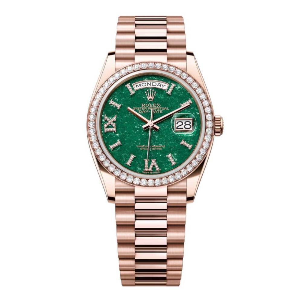 Rolex Day Date 36mm - Ref: 128345RBR - Green Aventurine Roman Diamond Dial & Diamond Bezel, 18K Rose Gold President Bracelet Watch