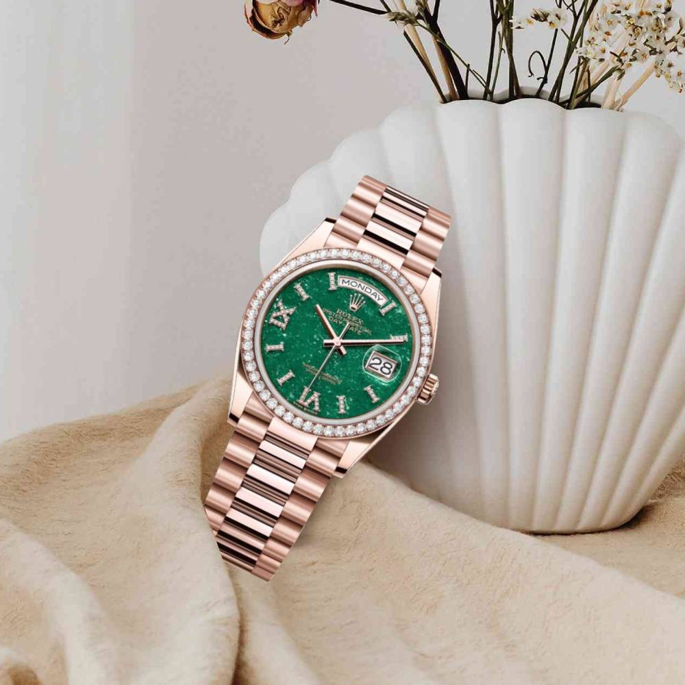 Rolex Day Date 36mm - Ref: 128345RBR - Green Aventurine Roman Diamond Dial & Diamond Bezel, 18K Rose Gold President Bracelet Watch