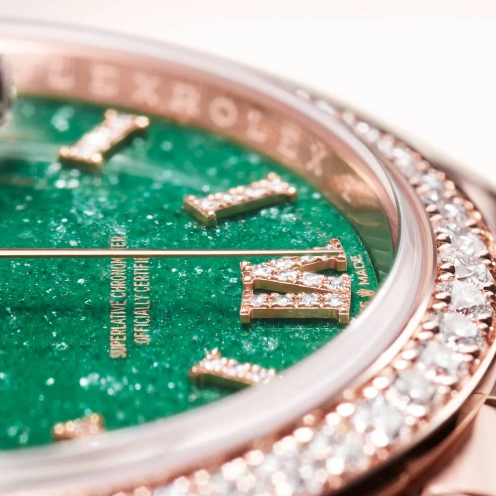 Rolex Day Date 36mm - Ref: 128345RBR - Green Aventurine Roman Diamond Dial & Diamond Bezel, 18K Rose Gold & Diamonds President Bracelet Watch