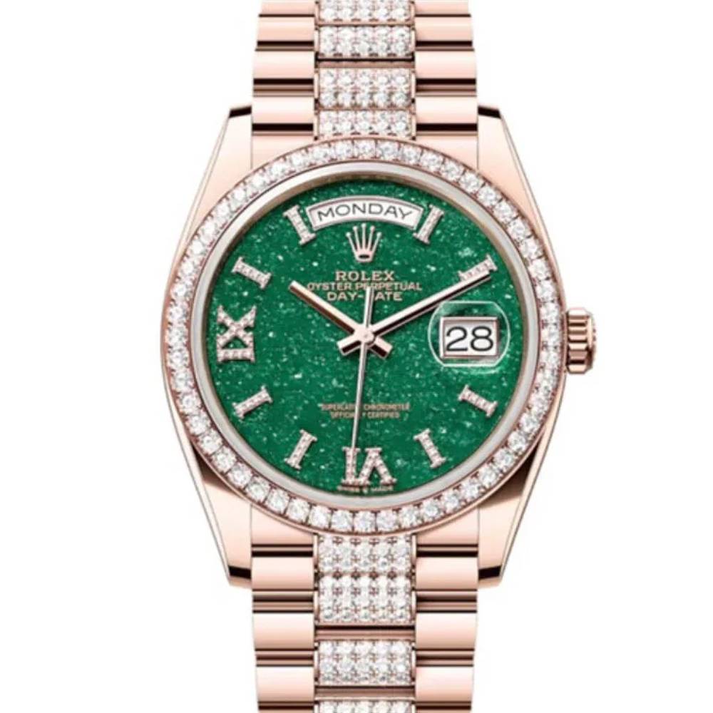 Rolex Day Date 36mm - Ref: 128345RBR - Green Aventurine Roman Diamond Dial & Diamond Bezel, 18K Rose Gold & Diamonds President Bracelet Watch