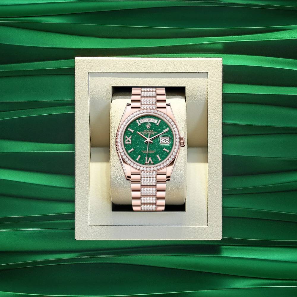 Rolex Day Date 36mm - Ref: 128345RBR - Green Aventurine Roman Diamond Dial & Diamond Bezel, 18K Rose Gold & Diamonds President Bracelet Watch