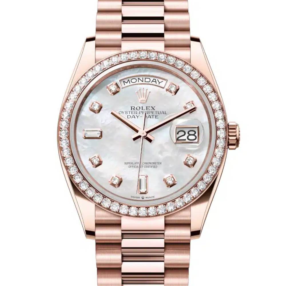 Rolex Day Date 36mm - Ref: 128345rbr-0028 - White Mother of Pearl Diamond Dial & Diamond Bezel, 18K Rose Gold President Bracelet Watch