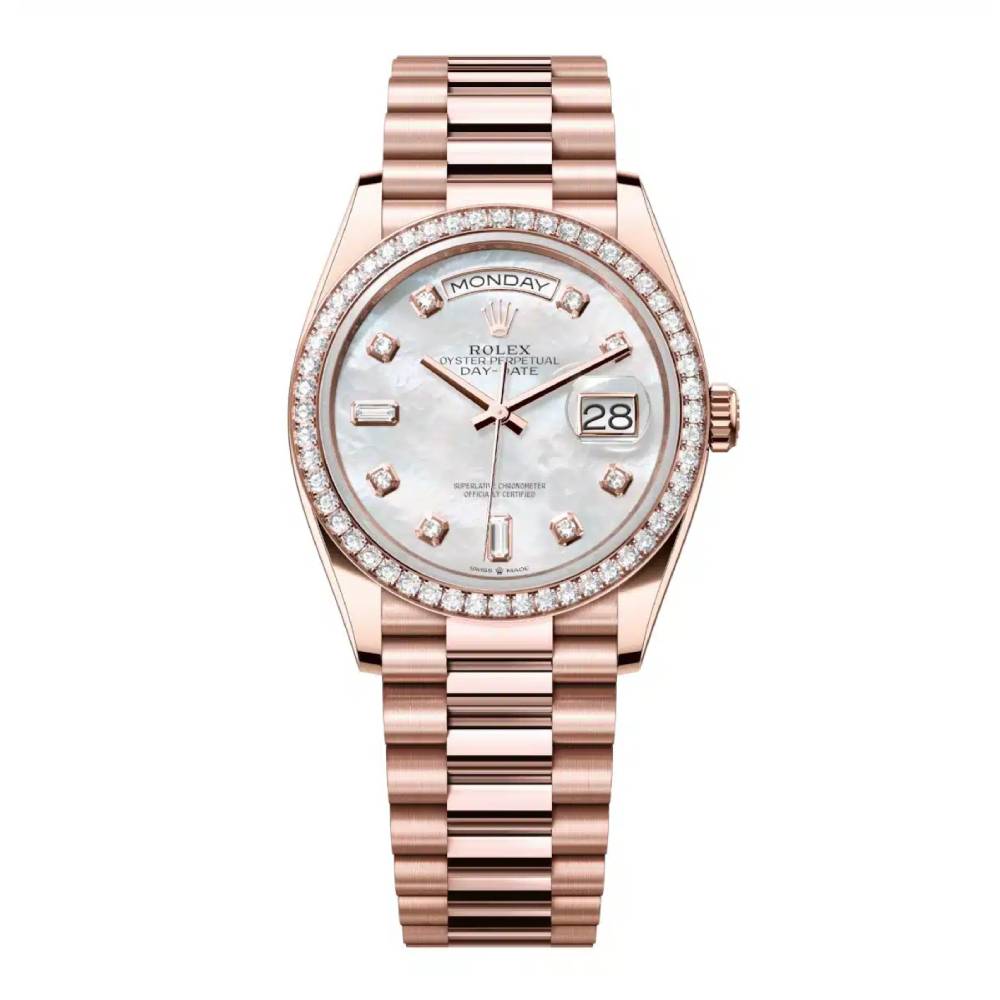 Rolex Day Date 36mm - Ref: 128345rbr-0028 - White Mother of Pearl Diamond Dial & Diamond Bezel, 18K Rose Gold President Bracelet Watch