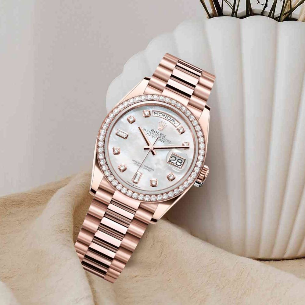 Rolex Day Date 36mm - Ref: 128345rbr-0028 - White Mother of Pearl Diamond Dial & Diamond Bezel, 18K Rose Gold President Bracelet Watch