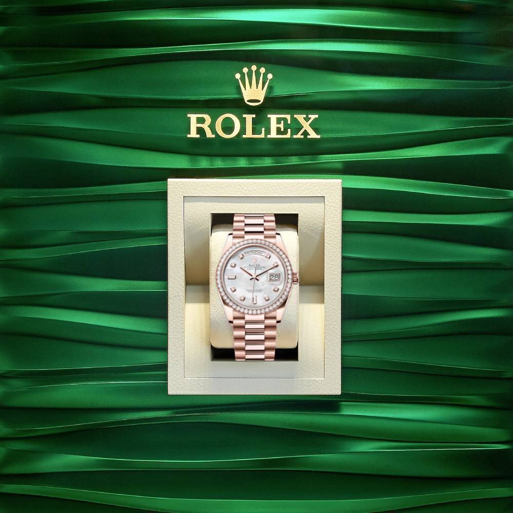 Rolex Day Date 36mm - Ref: 128345rbr-0028 - White Mother of Pearl Diamond Dial & Diamond Bezel, 18K Rose Gold President Bracelet Watch