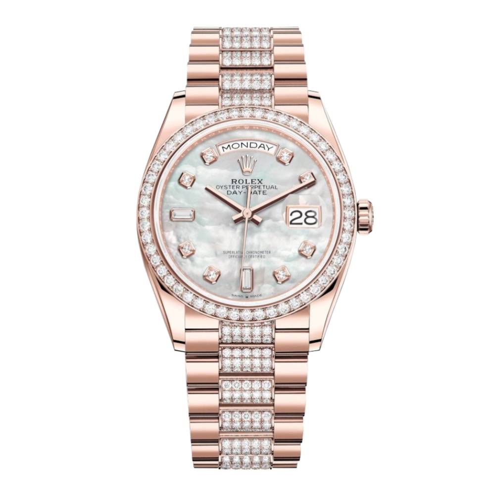 Rolex Day Date 36mm - Ref: 128345rbr-0030 - White Mother of Pearl Diamond Dial & Diamond Bezel, 18K Rose Gold & Diamonds President Bracelet Watch