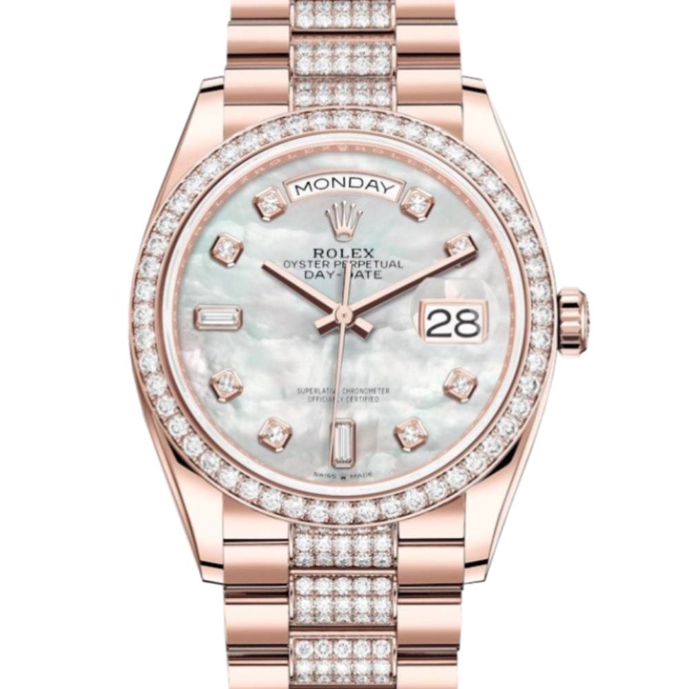 Rolex Day Date 36mm - Ref: 128345rbr-0030 - White Mother of Pearl Diamond Dial & Diamond Bezel, 18K Rose Gold & Diamonds President Bracelet Watch