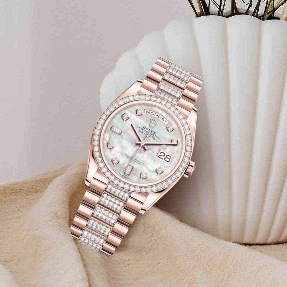 Rolex Day Date 36mm - Ref: 128345rbr-0030 - White Mother of Pearl Diamond Dial & Diamond Bezel, 18K Rose Gold & Diamonds President Bracelet Watch